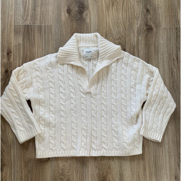 Abercrombie & Fitch Sweaters - Abercrombie & Fitch Womens L Cream Cable Knit Wide Collar Sweater Oversized